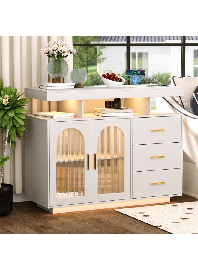 إيليفا هوم خزانة بوفيه جانبية مع مساحة تخزين، 3 أدراج و بابين، مزوّدة بإضاءة استشعار تلقائي بـ 20 لون، وطاولة كونسول مع محطة شحن، تحكّم باللمس، مناسبة كطاولة قهوة أو بار للمطبخ وغرفة الطعام  ,لون أبيض - Image 1